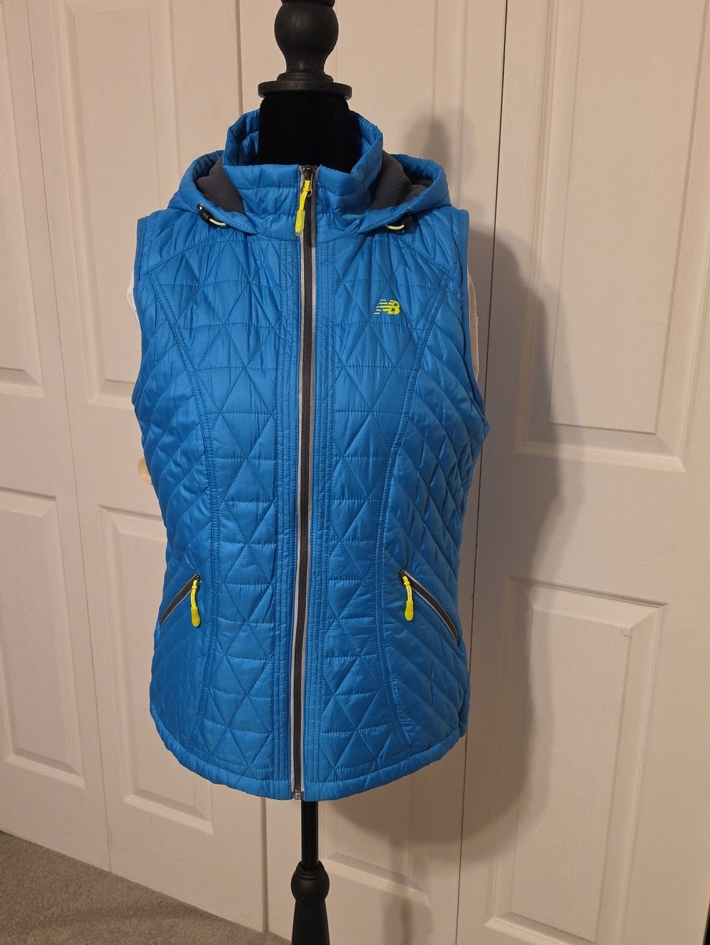 New Balance Bright Blue Quilted Hooded Vest with Yellow Accents